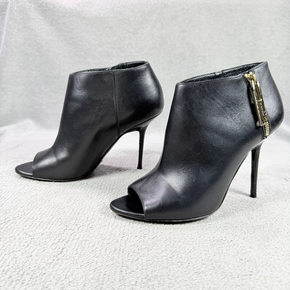 Burberry Womens 39 Black Leather Gold Zip Peep Toe Stiletto Ankle Bootie Italy